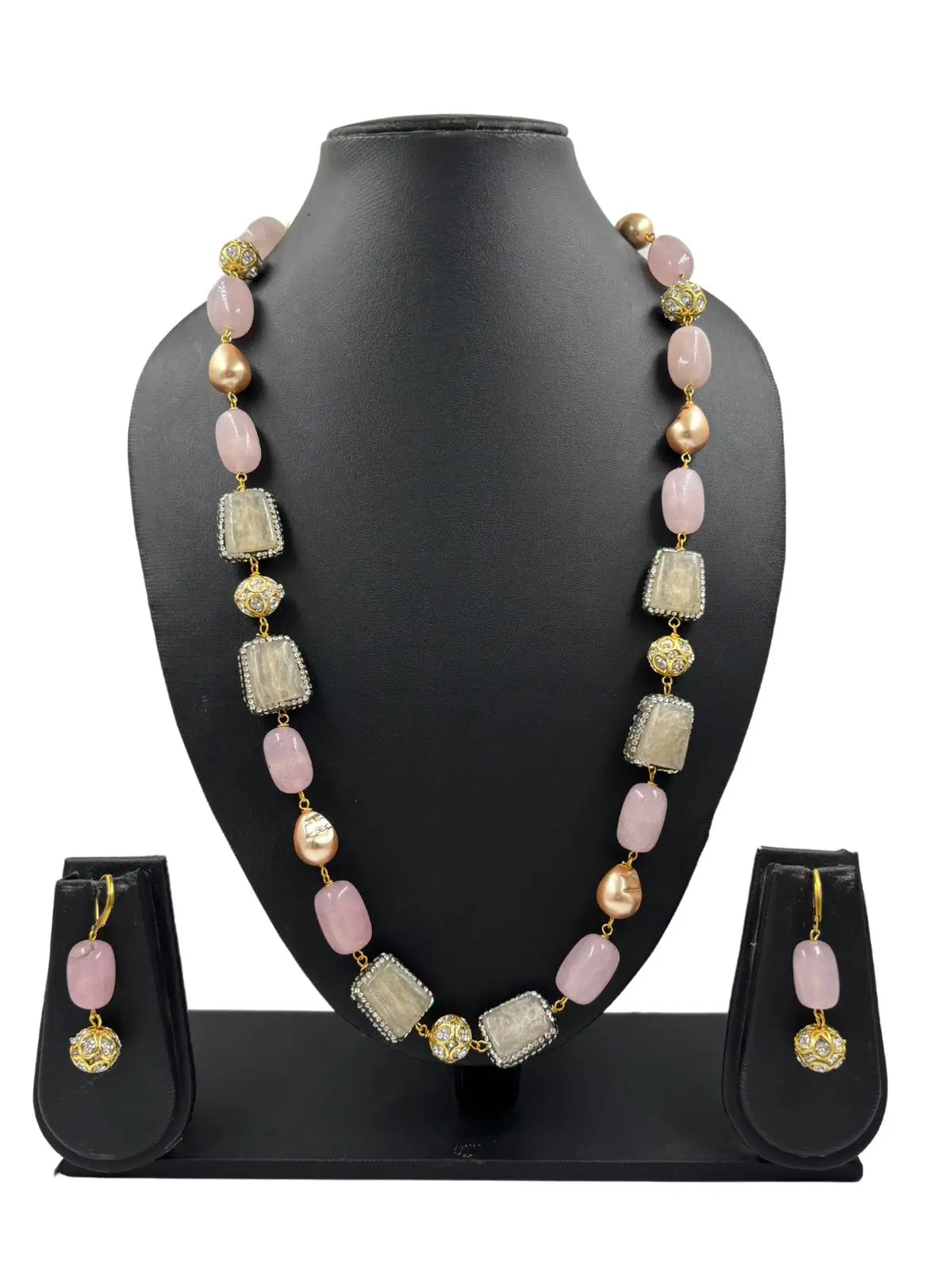 Long Semi Precious Jade Pink Beads Necklace Set | Beaded Jewellery for sarees