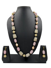 Long Semi Precious Jade Pink Beads Necklace Set | Beaded Jewellery for sarees