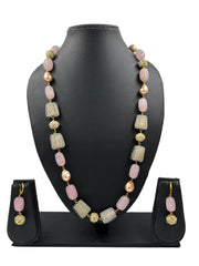 Long Semi Precious Jade Pink Beads Necklace Set | Beaded Jewellery for sarees
