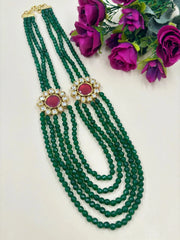 Unisex Long Multilayered Green Jade Beads Necklace With Side Kundan Brooches