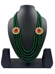 Unisex Long Multilayered Green Jade Beads Necklace With Side Kundan Brooches