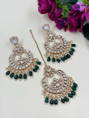 Traditional Premium Quality Big Green Chandbali Earrings With Maang Tikka Online
