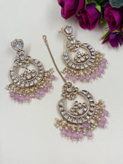 Traditional Premium Quality Big Baby Pink Chandbali Earrings With Maang Tikka Online