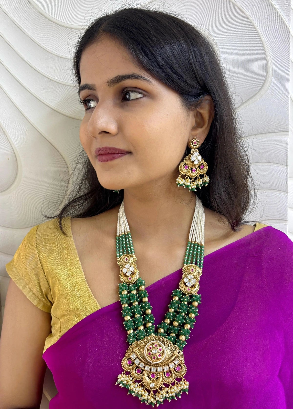 Buy Artificial Gold Plated Long Antique Gold Green Wedding Jewellery Set