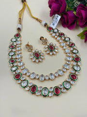 Rose Gold Finish Double Layered Polki Kundan Necklace Set - Wedding And Party Wear