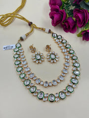 Rose Gold Finish Double Layered Polki Kundan Necklace Set - Wedding And Party Wear