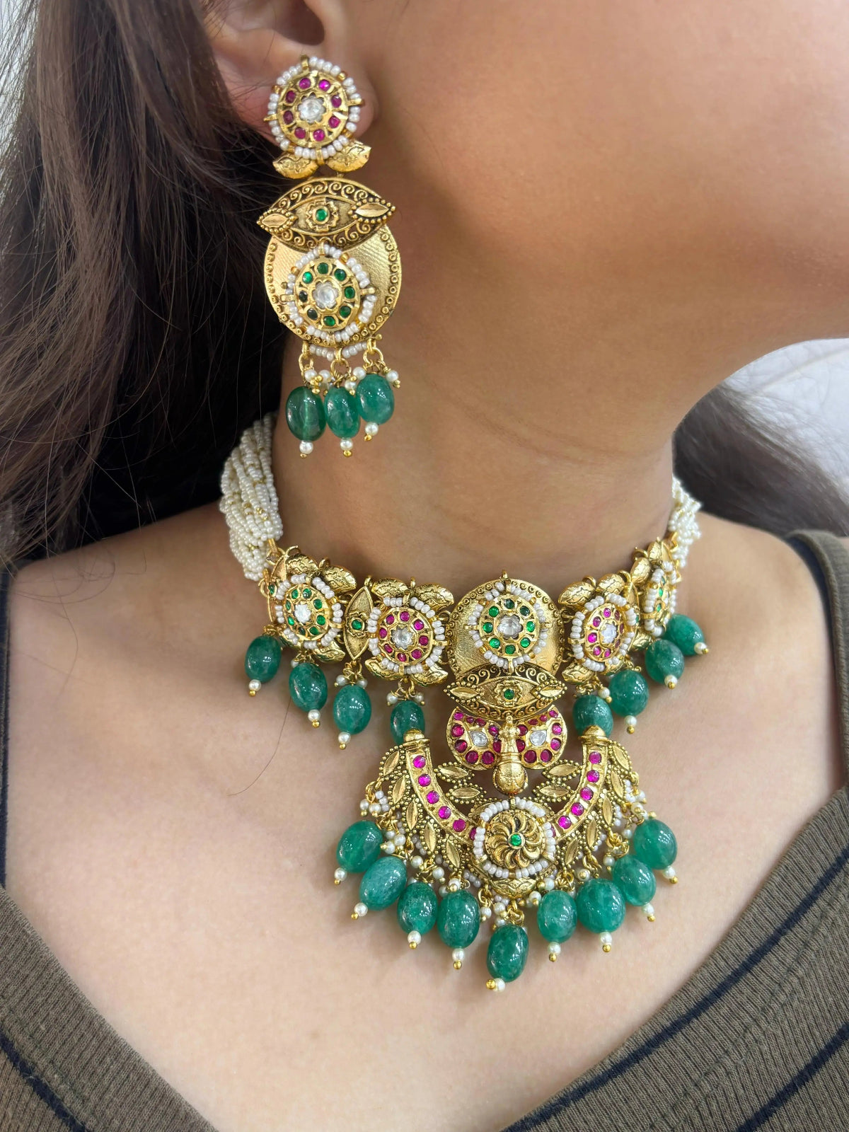 Meenakshi Jadau Antique Golden Peacock Design Choker Necklace Set For Weddings