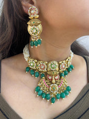 Meenakshi Jadau Antique Golden Peacock Design Choker Necklace Set For Weddings
