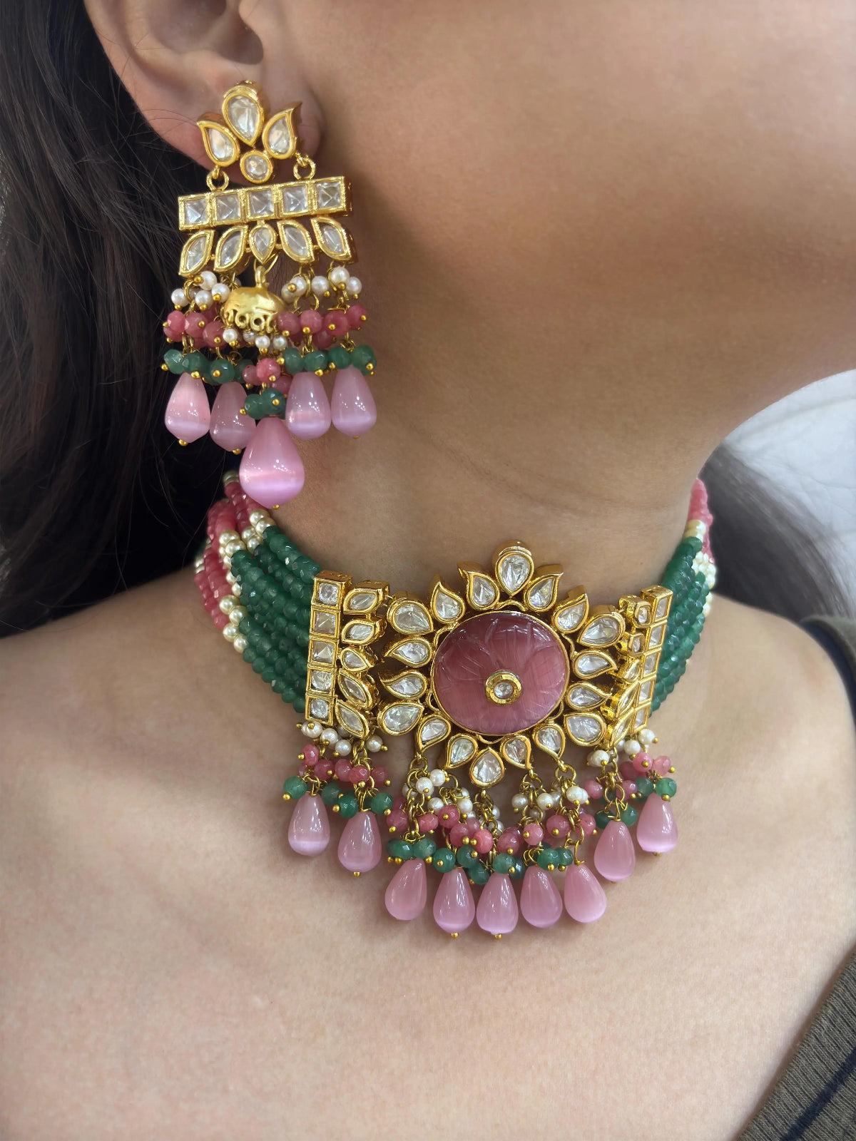 Traditional Gold Plated Kundan And Beads Choker Necklace Set For Wedding By Gehna Shop