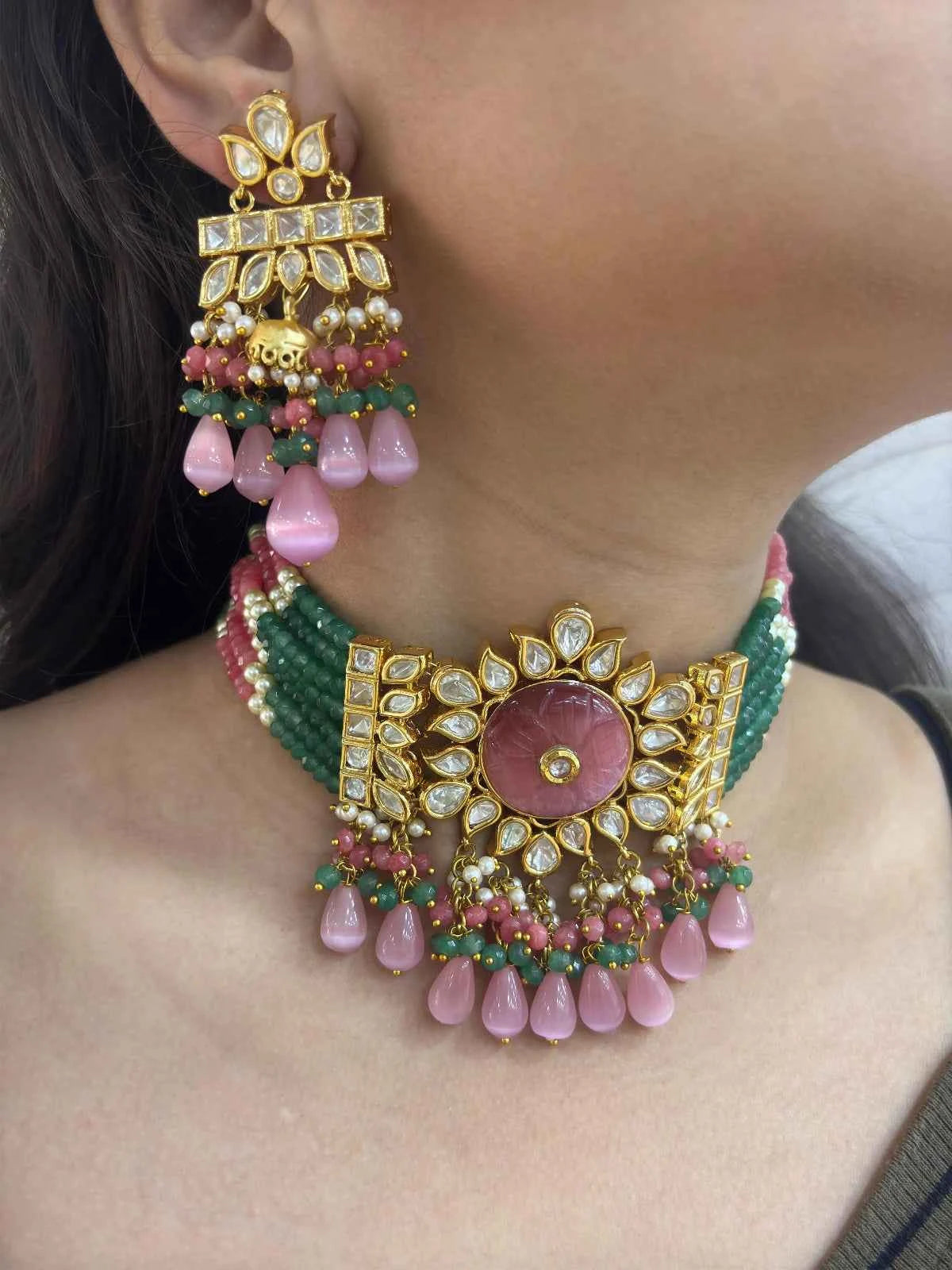 Traditional Gold Plated Kundan And Beads Choker Necklace Set For Wedding By Gehna Shop