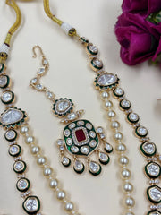 Pearl And Polki Kundan Long Necklace Set With Green Meenakari | Wedding & Festive Jewelry