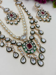 Pearl And Polki Kundan Long Necklace Set With Green Meenakari | Wedding & Festive Jewelry