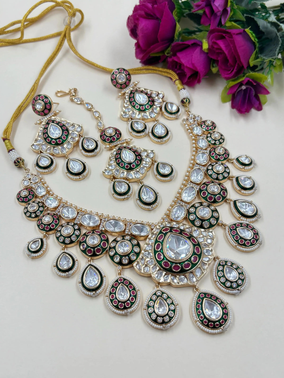 Exquisite Polki Kundan Bridal Necklace Set With Green Enamel | Traditional Indian Wedding Jewelry