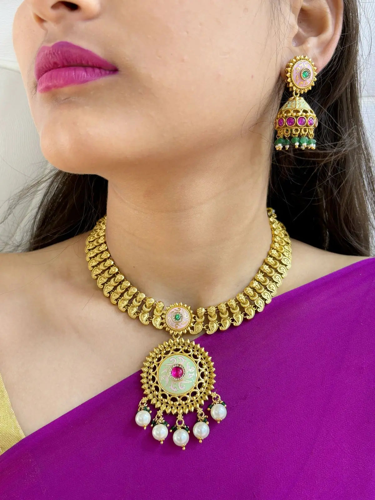 Shop Traditional Gold Plated Antique Gold Necklace Set With Meenakari