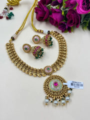 Traditional Gold Plated Antique Gold Necklace Set With Meenakari | Elegant Wedding Jewellery