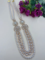 Designer Unisex Real Freshwater Long Pearl Necklace With Kundan Brooch – Perfect For Weddings And Festivities