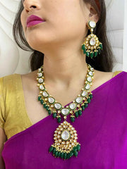 Maahira Designer Long Green Kundan Wedding Necklace Set With Tikka - Traditional Jewelry