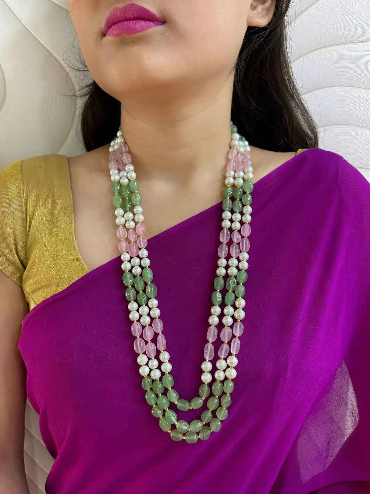 Unisex Long Triple Layered Semi Precious Jade Beads Necklace - Mint And Pink Color Beads Jewelry