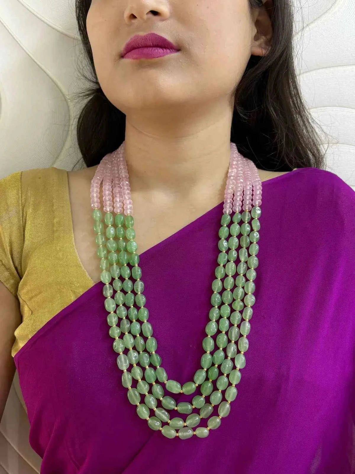 Unisex Layered Semi Precious Mint Green And Pink Long Beaded Necklace