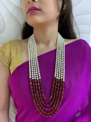 Unisex Multilayered Long Pearls And Red Gemstone Beaded Necklace - Perfect For Sherwani And Sarees