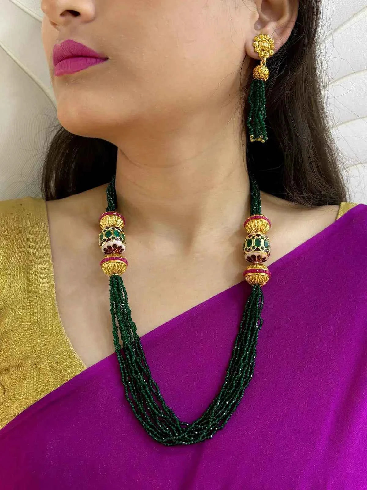 Designer Handcrafted Multilayered Hydro Green Crystal Beads Necklace Set For Women