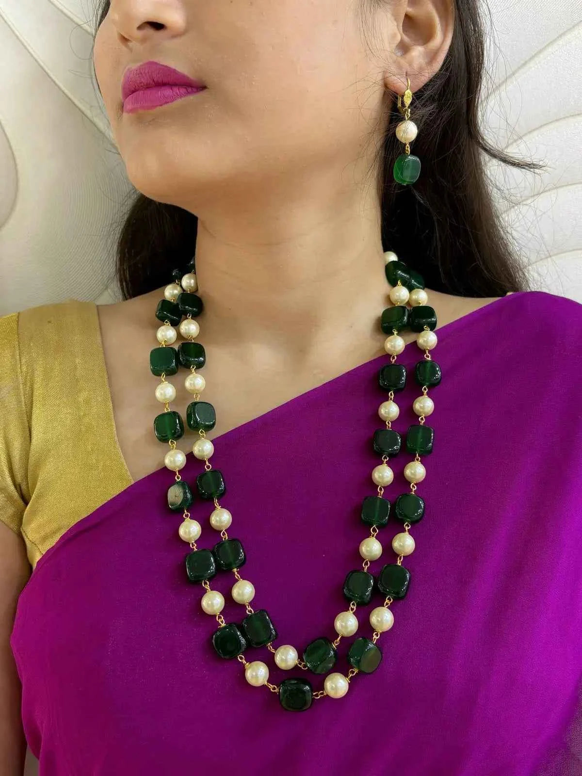 Long Semi Precious Double Layered Jade Beaded Necklace Set - Elegant Beaded Jewelry For Women