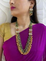 Designer Long Layered Green Beads Necklace With Ghungroo And Kundan Brooches