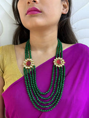 Unisex Semi Precious Long Multilayered Green Jade Beaded Necklace Set with Side Kundan Brooch by Gehna Shop