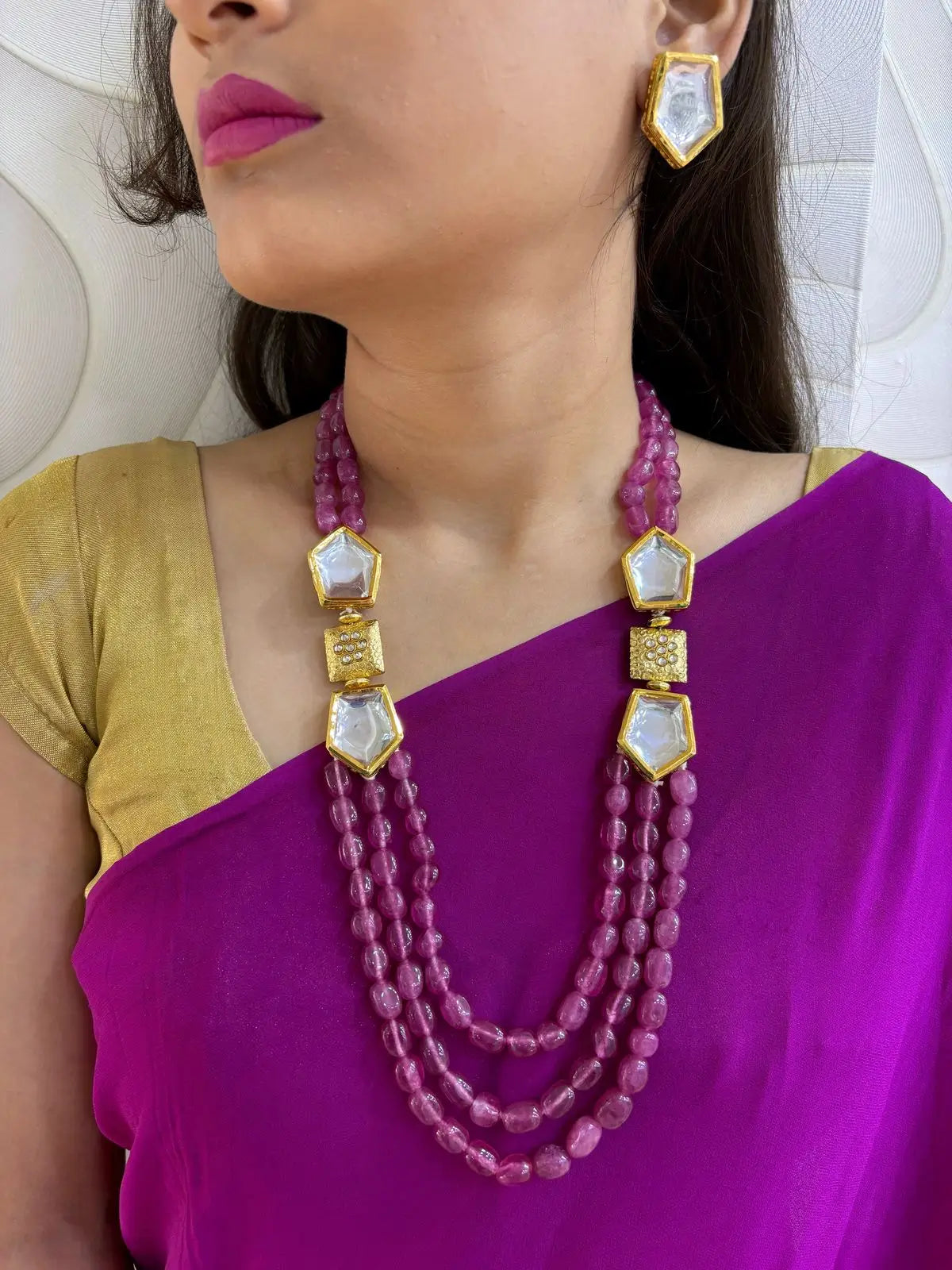 Semi Precious Magenta Beaded Necklace Set with Side Kundan Brooch By Gehna Shop