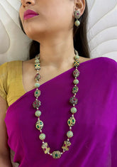 Handcrafted Long Jadau Beads Multi Color Beaded Necklace Set For Ethnic Wear