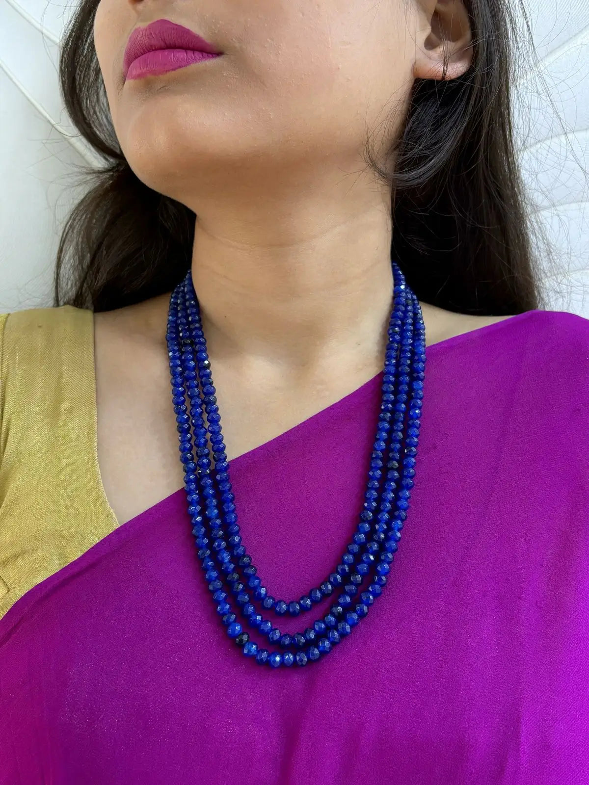 Handcrafted Triple Layered Semi Precious Blue Jade Beads Necklace By Gehna Shop