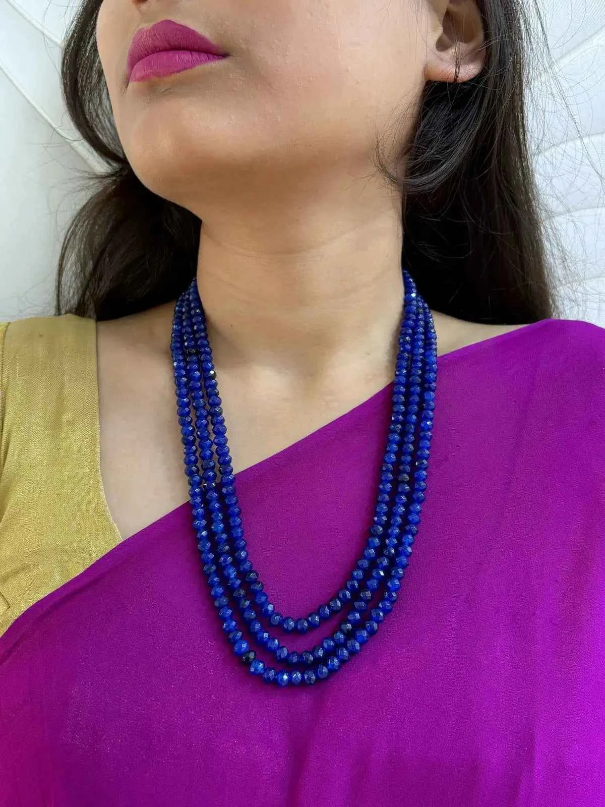 Handcrafted Triple Layered Semi Precious Blue Jade Beads Necklace By Gehna Shop