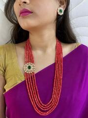 Multi Layered Gemstone Beads Necklace Set With Kundan Side Brooch - Beaded Jewelry Set