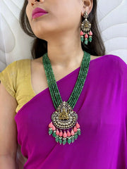 Antique Victorian Lord Ganpati Temple Jewellery Necklace Set With Layered green jade Beads