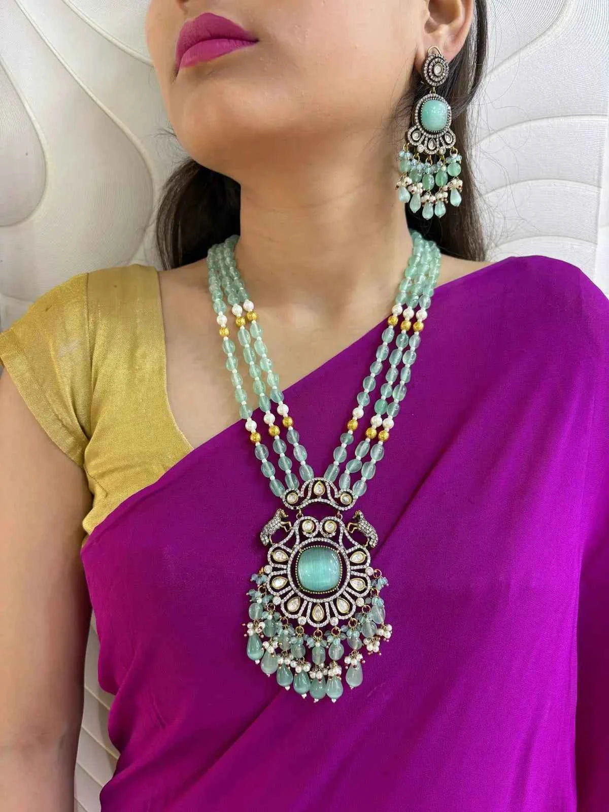 Mishaa Royal Look Kundan And AD Long Victorian Necklace Set For Women