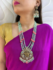 Antique Victorian Lakshmi Devi Pendant Haram Necklace Set With Layered Natural Mint Color Jade Beads