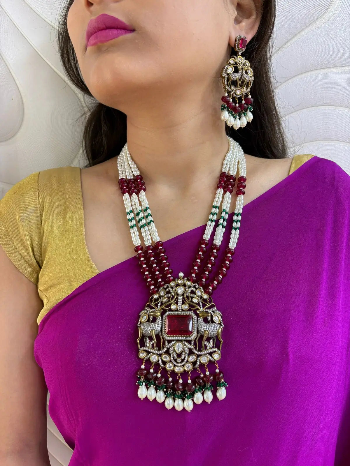 Designer Antique Victorian Long Beaded Jewellery Necklace Set With Dear Pendant