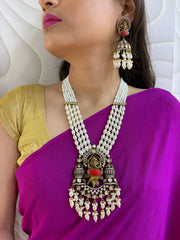 Long Antique Victorin Polki Dancing Ganpati Temple Jewellery Necklace Set For Weddings