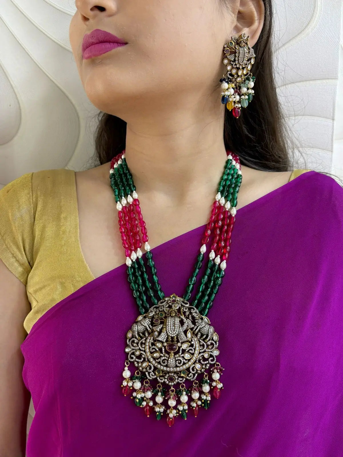 Antique Victorian Lord Shrinathji Temple Jewellery Necklace Set With Layered Beads