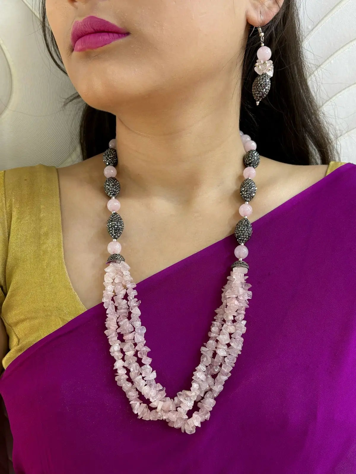 Elegant Semi Precious Rose Quartz Beaded Necklace Set - Pink Beads Jewelry Set For Women