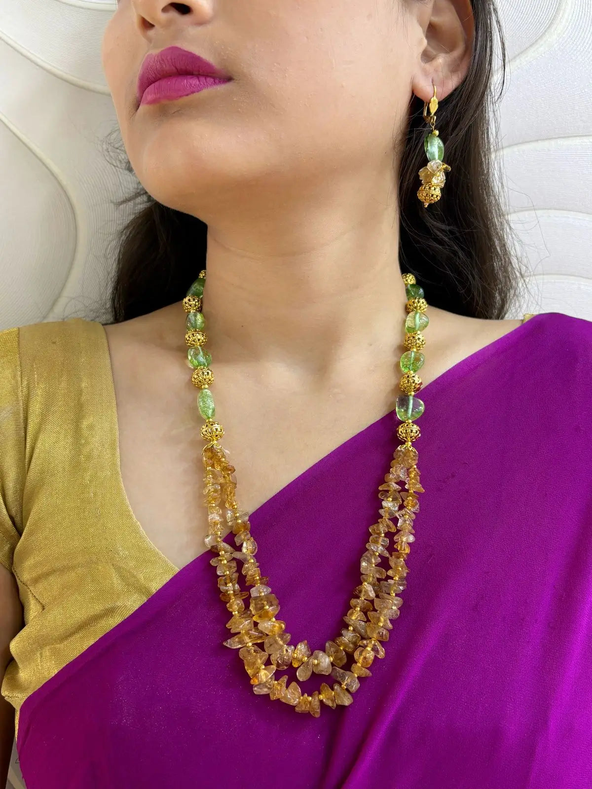 Ethnic Semi Precious Natural Citrine Beaded Necklace Set - Yellow Beads Necklaces For Women