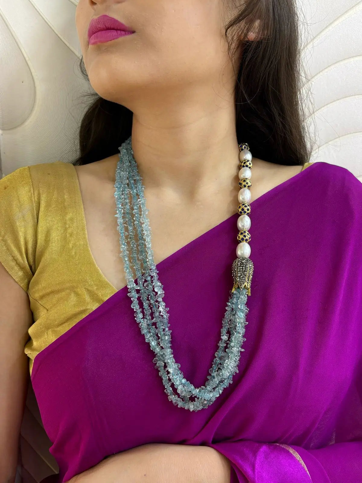 Semi Precious Layered Blue Beaded Necklace For Women - Gemstone Beads Necklaces