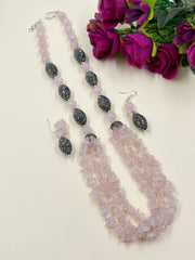 Elegant Semi Precious Rose Quartz Beaded Necklace Set - Pink Beads Jewelry Set For Women