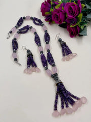 Designer Amethyst And Rose Quartz Beaded Necklace Set – Elegant Handmade Gemstone Jewelry