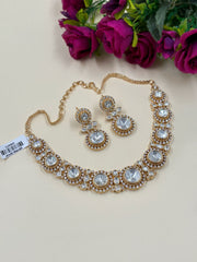 Elegant Rose Gold Finish American Diamond And Polki Necklace Set - Wedding And Festive Jewelry Set