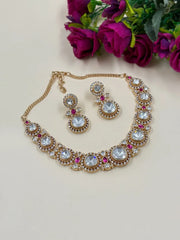 Elegant Rose Gold Finish American Diamond And Polki Necklace Set - Wedding And Festive Jewelry Set
