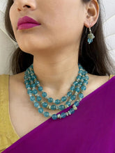 Semi Precious Layered Aqua Blue Gemstones Beaded Necklace Set For Women