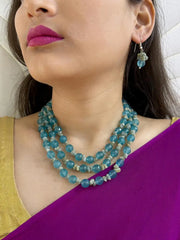 Semi Precious Layered Aqua Blue Gemstones Beaded Necklace Set For Women