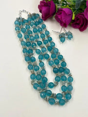 Semi Precious Layered Aqua Blue Gemstones Beaded Necklace Set For Women
