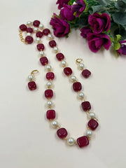 Elegant Semi Precious Red Jade Beads And Shell Pearls Long Beaded Necklace - Gemstones Beads Jewelry